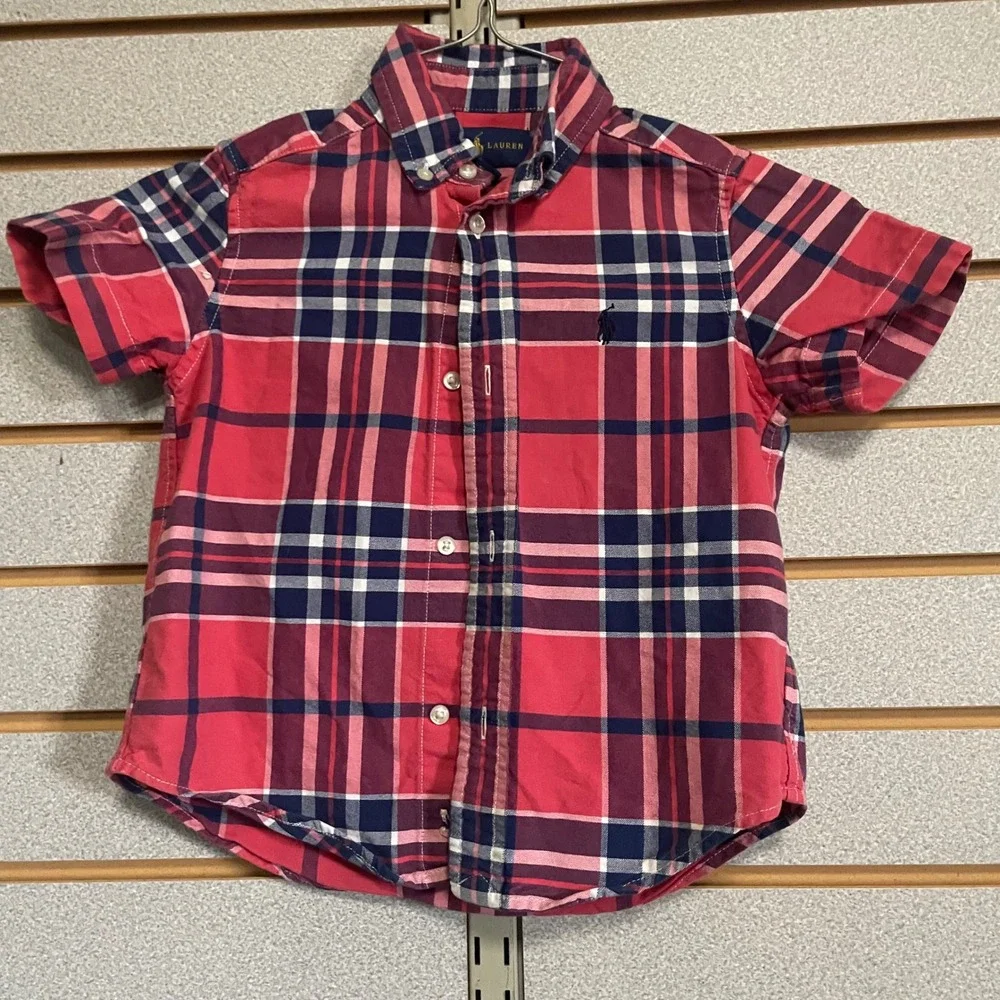 Ralph Lauren Red Plaid Button Down Short‎ Sleeve Shirt Kids size 4